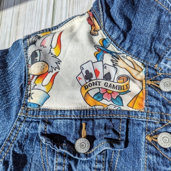 Tattoo Flash Forever Custom Made Denim Jean Jacket in Blue and Cream Size 6 - Picture 5 of 9